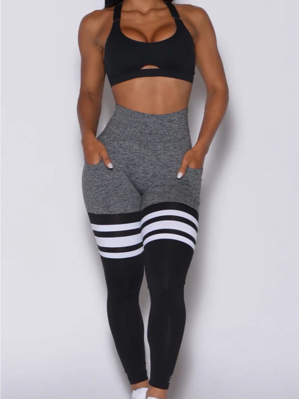 Bombshell Sportswear Grey & Black High-Waist Athletic Shorts With White Stripes